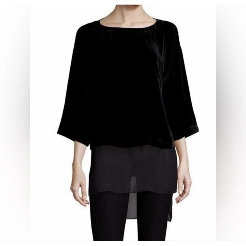 Eileen Fisher Bateau Neck Velvet Silk Tunic Blouse M Sheer High Low Black